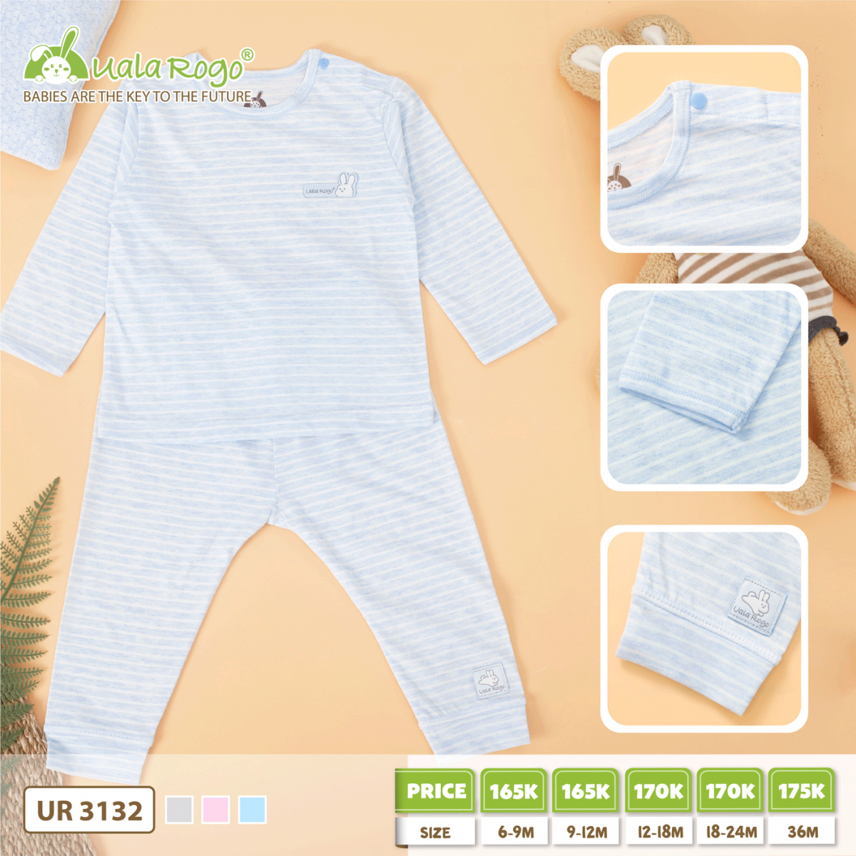Bộ quần áo dài tay cúc vai kẻ nhỏ Uala UR3132