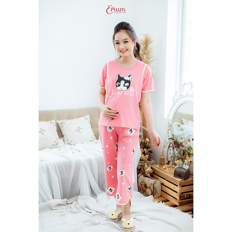 Bộ bầu mặc nhà in mèo hồng ruốc Emum