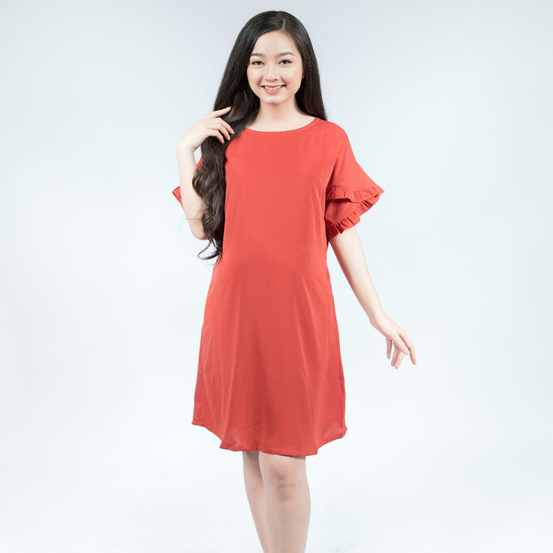 Đầm bầu suông tay bèo đắp chéo cam Emum