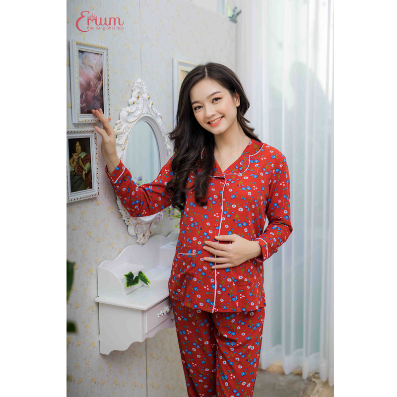 Bộ bầu pyjama tay dài đỏ đô Emum