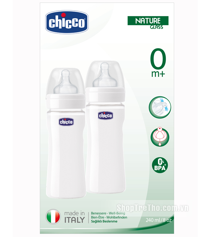 Bộ 2 bình thủy tinh núm silicon 240ml Chicco