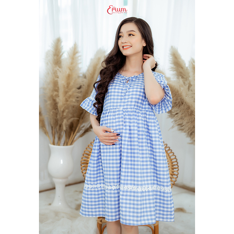Đầm bầu caro xanh biển Emum