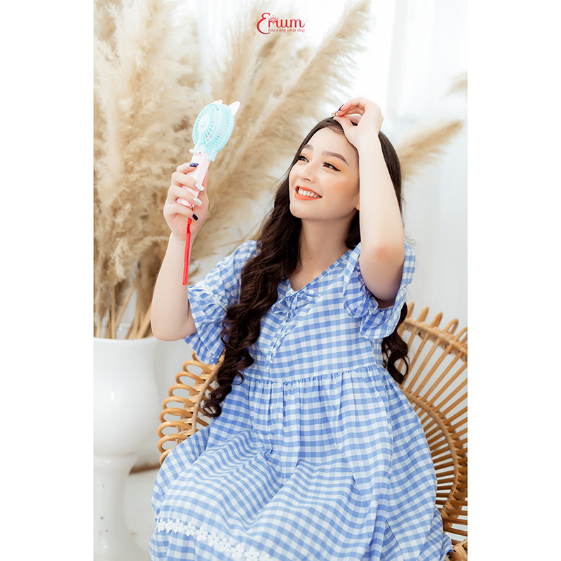 Đầm bầu caro xanh biển Emum