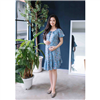 Bán Đầm bầu Jean in họa tiết cổ nút nơ phối bèo nhún xanh đậm Emum